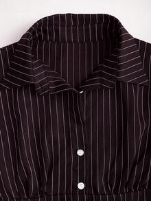 Sweetra Áo cánh tay dài họa tiết kẻ sọc cổ bẻ thời trang, màu sắc tương phản, ôm sát eo, tôn dáng cho nữ - Cà phê nâu - Xem 5