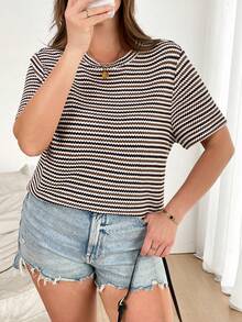 CosyJoli Plus Size Women Striped Print Round Neck Short Sleeve Casual Old Money Summer T-Shirt,Slightly Sheer - Multicolor - View 2
