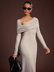 L'Amorae 柔软针织飘逸垂坠单肩长袖超长连衣裙 - 淺灰紫 - 查看 3