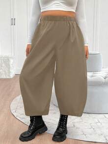 Elenzga 大码女式法式纯色弹力腰带口袋哈伦裤胡萝卜香蕉镰刀腿宽松休闲裤 - 駝色 - 查看 3
