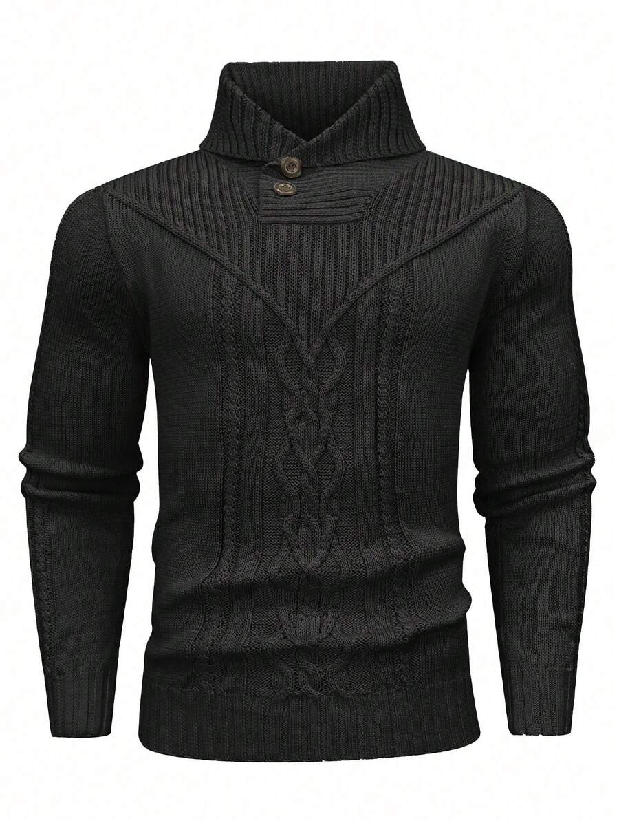 Manfinity Homme Áo len cổ cao nam màu trơn, kiểu dáng thường ngày, đa năng cho mùa thu/đông, áo len cổ cao nam tay dài. - màu đen - Xem 1