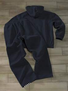 Manfinity Roghcode Bộ đồ nam 2 món, áo hoodie có khóa kéo và quần kẻ sọc, thời trang thu đông, bộ đồ chạy bộ cho nam - Màu xanh hải quân - Xem 2