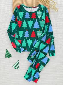 Boys' Comfortable Minimalist Christmas Tree Print Crew Neck Knit Fabric Long SleeveSnug Fitt Pajama Set - Green - View 1