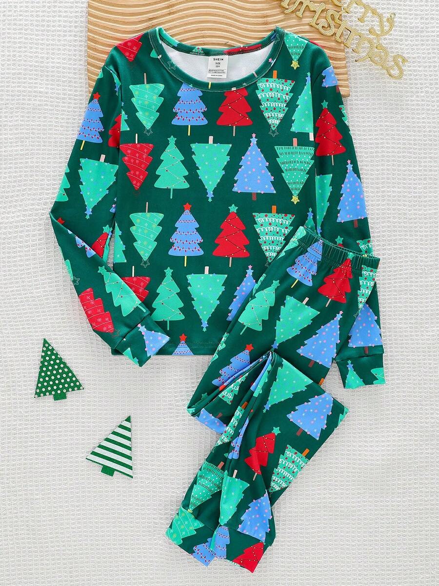 Boys' Comfortable Minimalist Christmas Tree Print Crew Neck Knit Fabric Long SleeveSnug Fitt Pajama Set - Green - View 1