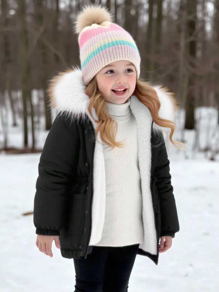 Emery Rose Kids 女童加厚毛绒连帽派克大衣，带腰带 - 黑與白 - 查看 1
