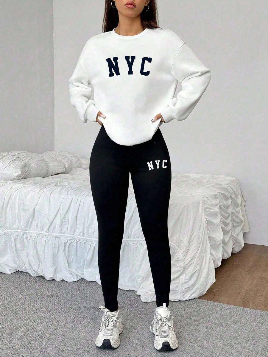 SHEIN EZwear Bộ 2 áo nỉ cổ tròn rộng rãi thoải mái và quần legging bó, in họa tiết NYC - Nhiều màu - Xem 1