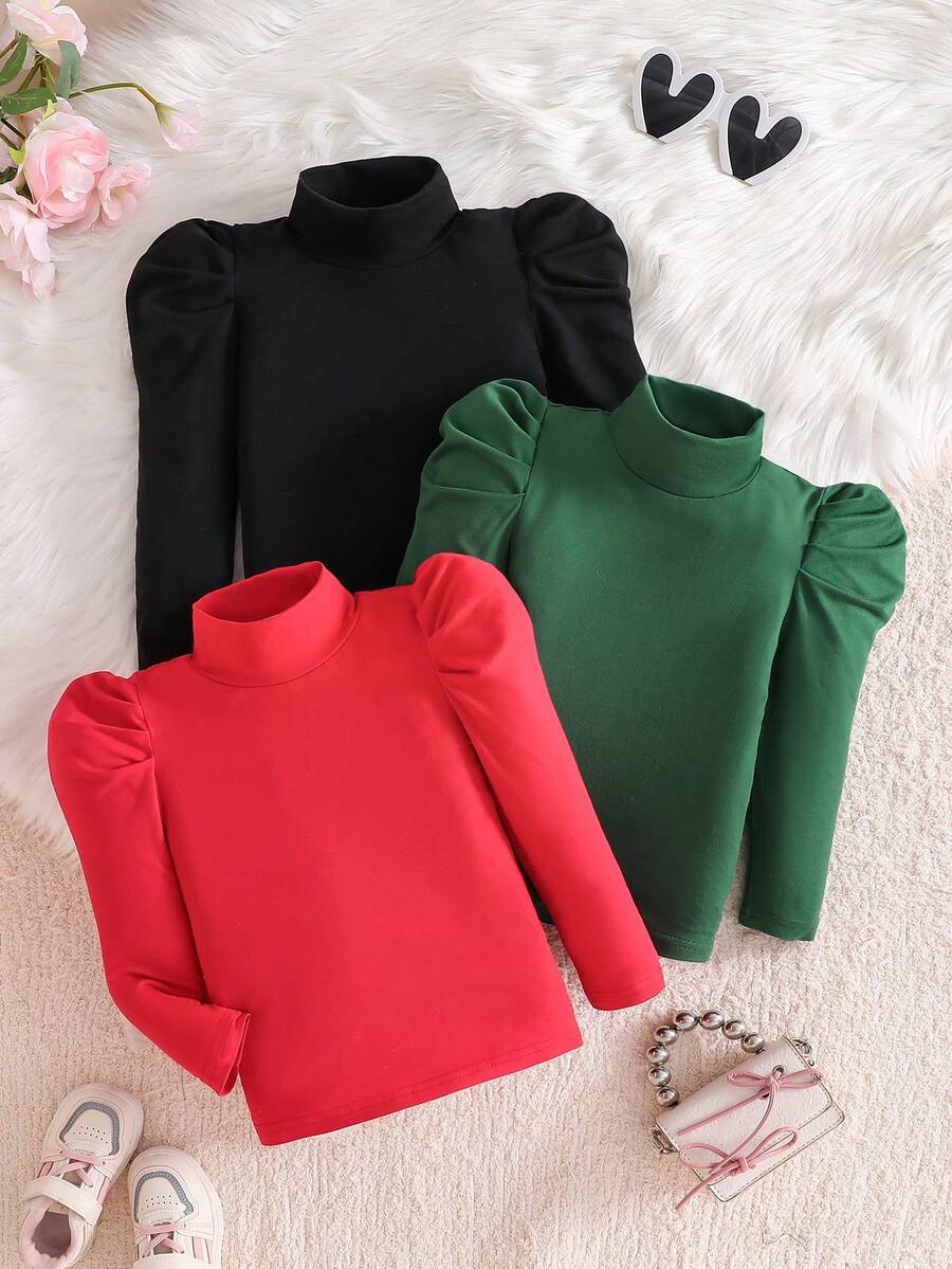 SHEIN Elladie kids 年轻女孩纯色高领羊腿袖休闲T恤 - 彩色 - 查看 1