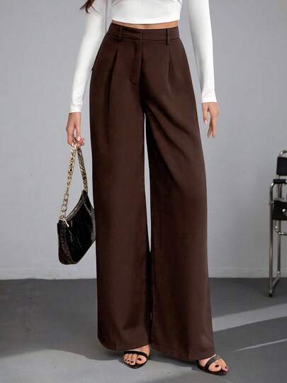 SHEIN Tall Pantalones anchos de cintura alta de unicolor y versátiles, estilo casual de otoño e invierno
