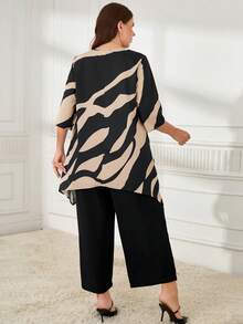 Miaspire 2 件加大时尚奶奶秋装 Curvethanksgiving 女士服装尺码休闲撞色不对称下摆上衣和裤子套装，秋季 - 卡其色 - 查看 2