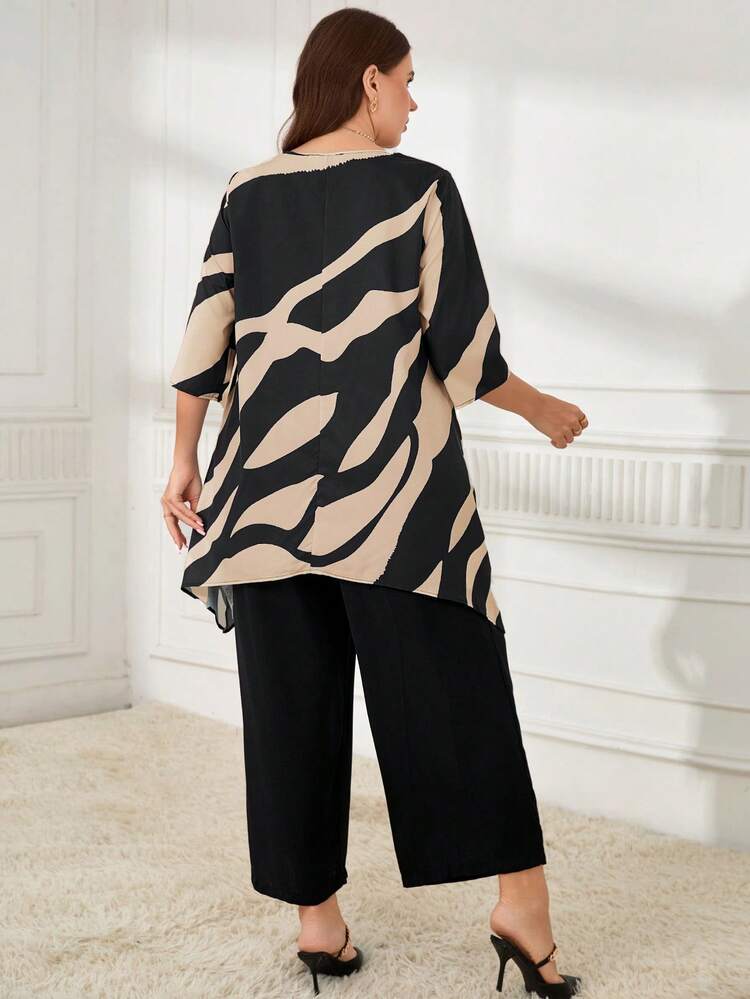 2pcs Plus Fashion Granny Fall Clothes Curvethanksgiving Women Outfit Size Casual Contrast Color Asymmetric Hem Top And Pants Set, Autumn