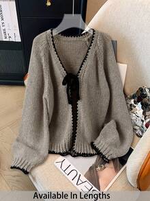 SHEIN PETITE CURVE 大码休闲毛衣，系带蝴蝶结，撞色滚边开衫，女士秋季服装 - 灰色 - 查看 1