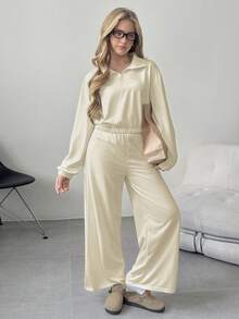 2-teiliges Set: Damen & Teenager Mädchen unifarbener Crop Sweatshirt mit Stehkragen und Langarm + weite Schlupfhose Set, lässige Sportkleidung, minimalistisch & elegant