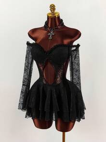 Amplova 女士纯色蕾丝拼接透视露肩性感长袖迷你连衣裙 - 黑色 - 查看 3