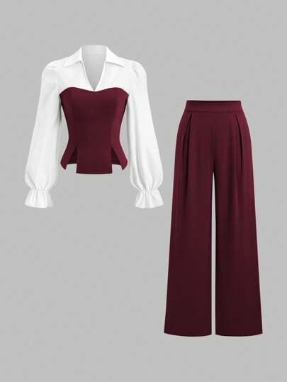 Sweetra 2 pezzi Set di camicia a maniche lunghe e pantaloni a gamba dritta minimalista da donna, autunnale