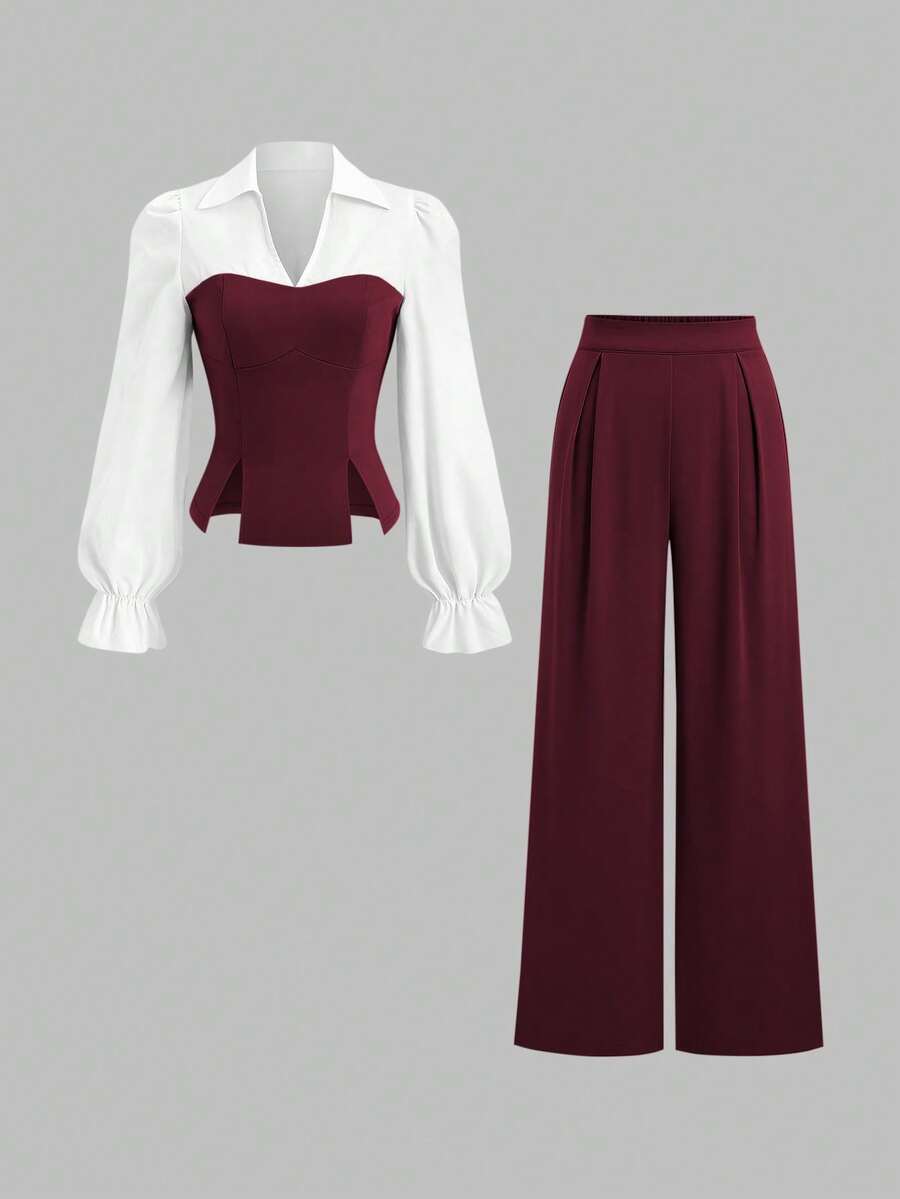 Sweetra 2 件套办公室女士简约长袖衬衫和直筒裤套装，秋季 - 酒紅色 - 查看 1