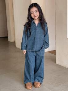Dazy Kids Bộ 2 áo denim + quần denim ống rộng cho bé gái SeYoung Girlids mùa thu - Rửa trung bình - Xem 2