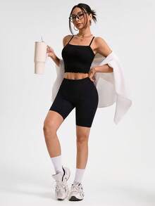 SHEIN Sovereign Charm 2pcs/Set Solid Color Seamless Elastic Fitted Yoga Sports Camisole Ribbed Workout Set Two Piece Athletic Set - Multicolor - View 7