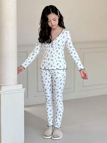 DAZY Tween Girls V-Neck Ditsy Floral Knit Pajama Set, Autumn - White - View 7