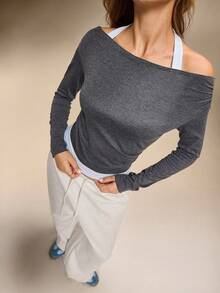Hanevo Women's Dark Grey Knitted Casual Halter Ruched Long Sleeve Top - Dark Grey - View 7