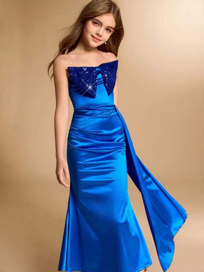 Tween Girl Bowknot Decor Ruffle Flounce Design Strapless Elegant Party Dress