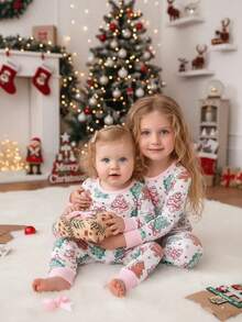 2pcs Baby Girls' Cute Christmas Pattern Print Long Sleeve Bodysuit & Pants Pajama Set - Multicolor - View 3