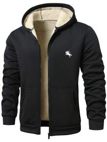 Manfinity Homme 男士秋冬骑士印花拉链连帽卫衣，带保暖内衬，黑色休闲街头风连帽衫，保暖内衬 - 黑色 - 查看 4