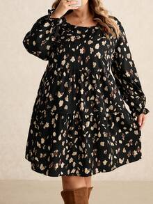 SHEIN CURVE+ Đầm cổ tròn tay dài họa tiết chấm bi cổ điển cỡ lớn, phù hợp cho mùa thu/đông - Nhiều màu - Xem 8