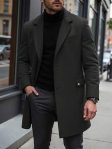 Manfinity CasualCool 男士纯色口袋纽扣长袖大衣，秋季外出大衣，送给朋友、丈夫、男友的礼物，男士风衣，优雅男士款，2025新款男士秋冬畅销款，百搭外套 - 黑色 - 查看 1