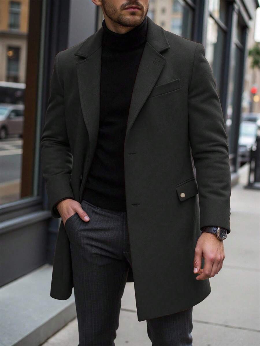 Manfinity CasualCool 男士纯色口袋纽扣长袖大衣，秋季外出大衣，送给朋友、丈夫、男友的礼物，男士风衣，优雅男士款，2025新款男士秋冬畅销款，百搭外套 - 黑色 - 查看 1
