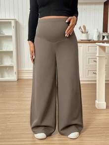 SHEIN Maternity Solid Color Adjustable Waist Pocket Wide Leg Loose Pants - Khaki - View 4