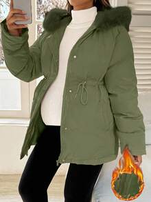 SHEIN Maternity Fashionable Versatile Drawstring Waist Faux Fur Hooded Jacket, Winter