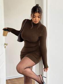 Lounesse 大码女式高领纹理面料黑色紧身长袖连衣裙，百搭针织连衣裙，适合日常穿着和通勤，秋冬