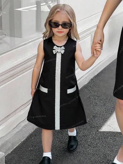 Đầm đen không tay kiểu dáng tối giản, đính sequin và ruy băng, thích hợp cho bé gái, thích hợp mặc đi dự tiệc.