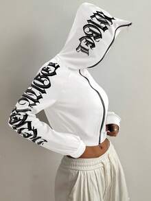 StreetHx Women's Gothic Font Cropped Open Front Sweatshirt, Streetwear, Autumn/Winter - White - View 5