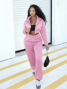 Alexandranx 休闲纯色羊毛连帽短款运动衫，秋冬，长袖上衣 - 粉色 - 查看 5