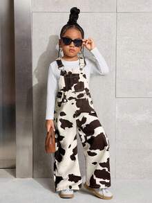 SHEIN 年轻女孩休闲时尚街头奶牛印花牛仔背带裤