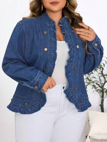 SHEIN 大码女式拼接荷叶边休闲度假水洗牛仔外套 - 中等水洗藍 - 查看 7