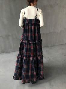 FRIFUL 女士格子吊带宽松休闲百搭叠层中长连衣裙，秋冬夏季女装 - 藏蓝色 - 查看 5