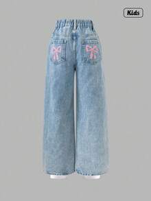 Sweetra Blugi sport pentru fete preadolescente, casual, albastru deschis, cu imprimeu de funde, buzunare, lejeri, cu picior larg, confortabili, de zi cu zi, cu croială relaxată, din denim spălat, blugi cu picior larg și funde