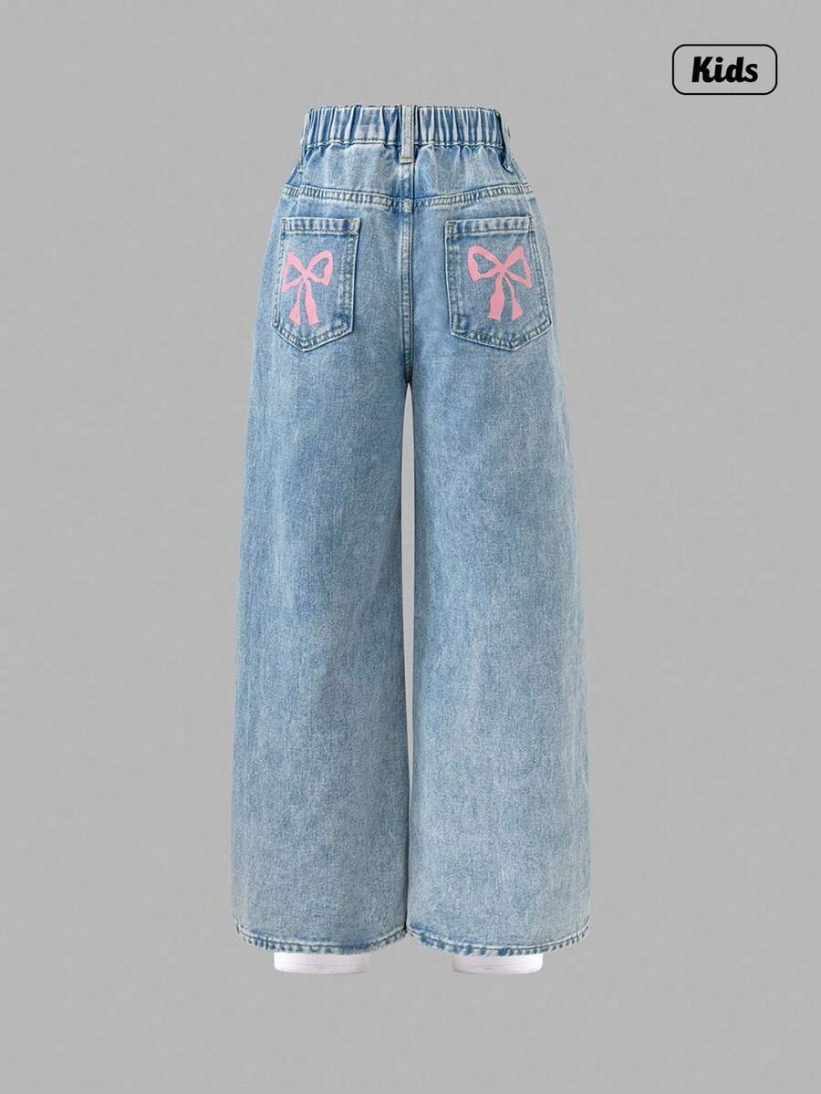 Sweetra Blugi sport pentru fete preadolescente, casual, albastru deschis, cu imprimeu de funde, buzunare, lejeri, cu picior larg, confortabili, de zi cu zi, cu croială relaxată, din denim spălat, blugi cu picior larg și funde