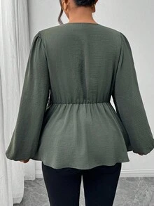 Firerie 大码休闲扭纹下摆长袖衬衫，绿色