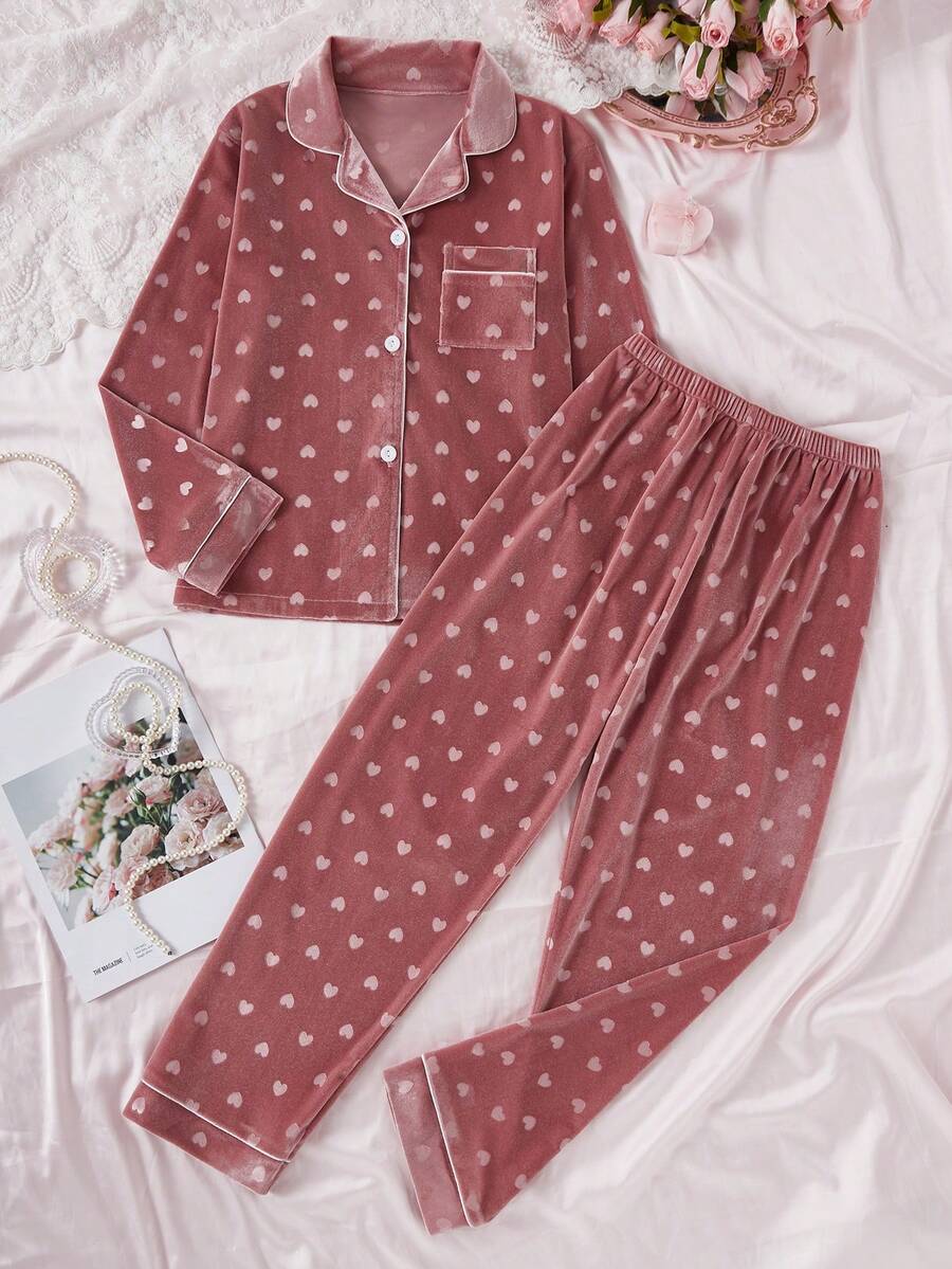 女童睡衣，可爱粉色爱心印花，柔软抓绒面料，长袖开衫+长裤两件套睡衣套装 - 彩色 - 查看 1