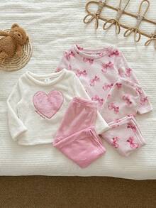 LMoss Kids Conjunto de 4 piezas de ropa de estar en casa para bebé niña con top casual de cuello redondo de punto y pantalones largos - Multicolor - Ver 5