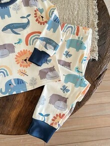 LMoss Kids LMoss Set 2 buc. pentru băieți, top cu guler rotund, tricotat auriu, și colanți, lenjerie de casă casual, croială potrivită, pijama pentru copii, set 2 piese cu mânecă lungă pentru băieți, pijama pentru copii, pijamale cu imprimeu animal pentru copii, stiluri confortabile de toamnă și iarnă. - Multicolor - Vizualizare 4