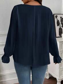 Breezaya Blus Fashion Longgar Lengan Panjang Berenda Kontras untuk Wanita Ukuran Plus - Navy Blue - View 2