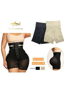 Short faja para mujer estilo sexy moldeador con múltiples broches, tela elástica sin costuras, colores negro y beige, encaje, sin estampado, ajuste ceñido, cintura alta, sin mangas, cuello redondo, largo hasta la rodilla, primavera verano, uso diario y en casa, pantalón reductor y realzador de glúteos - Multicolor - Ver 2