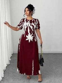 Elenzga Plus Size Women Elegant A-Line Waist Cinched Midi Dress, Flattering For Everyday & Commute - Burgundy - View 6