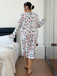 SHEIN Camisón de manga larga con volantes y estampado de mariposa para mujer talla grande, para otoño e invierno - Blanco - Ver 2