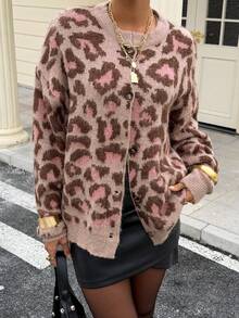 DAZY Áo len cardigan dệt kim họa tiết da báo cổ điển một hàng khuy cho nữ, hàng mới về mùa đông - Màu Khaki - Xem 6