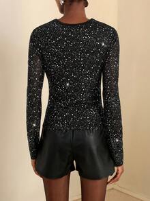 Lyxana Twist Knot Sequin Patchwork Hollow Out Fitted Sexy Long Sleeve T-Shirt - Black - View 2